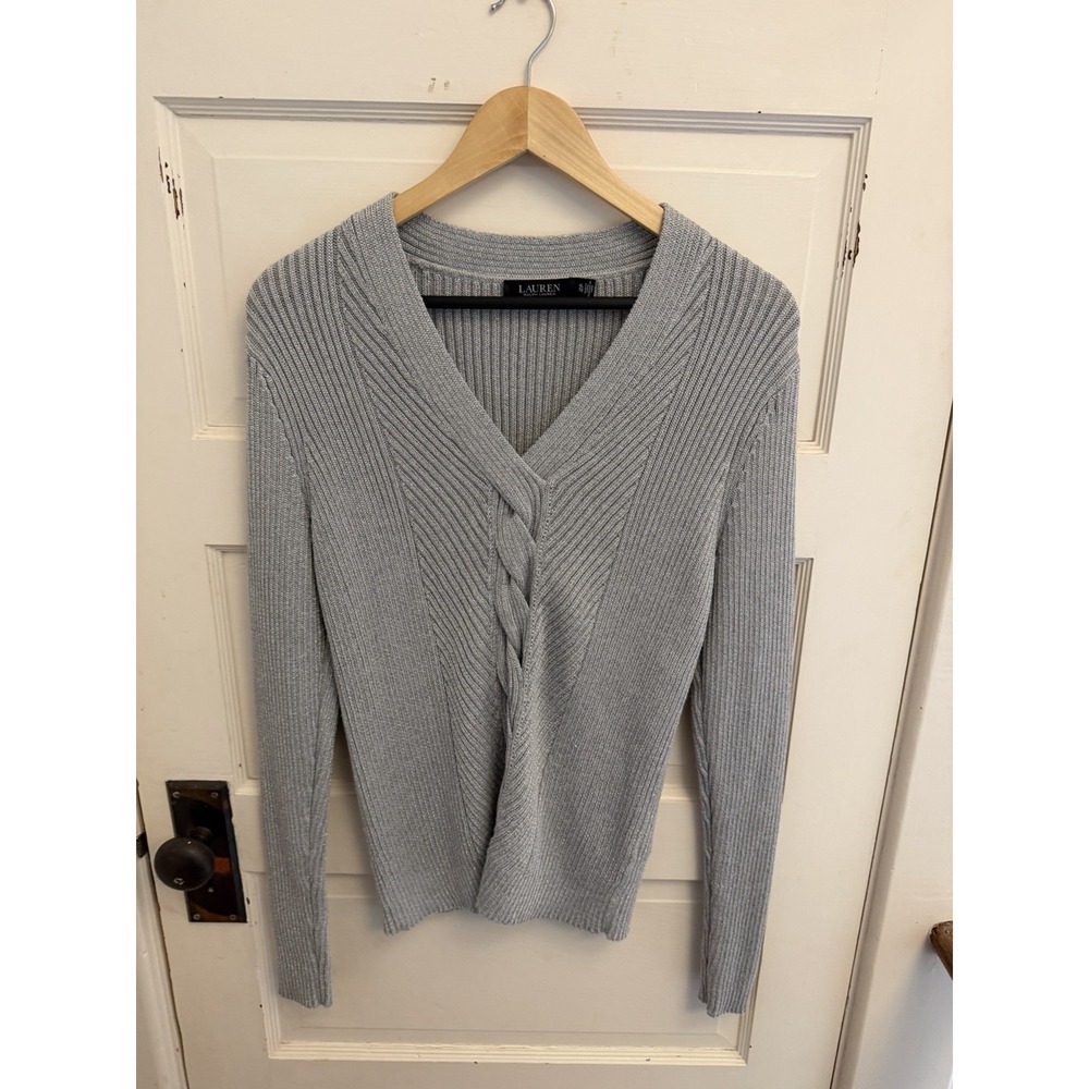 Lauren Ralph Lauren Black Label Silver Sweater V-neck Knit Metallic Festive XL